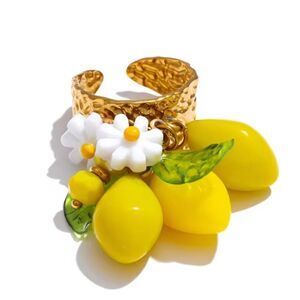 New Vibrant Gold Lemon Charm Ring with White Flowers